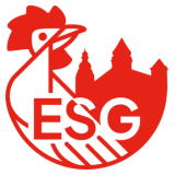 Logo der ESG, roter Hahn mit Schiftzug